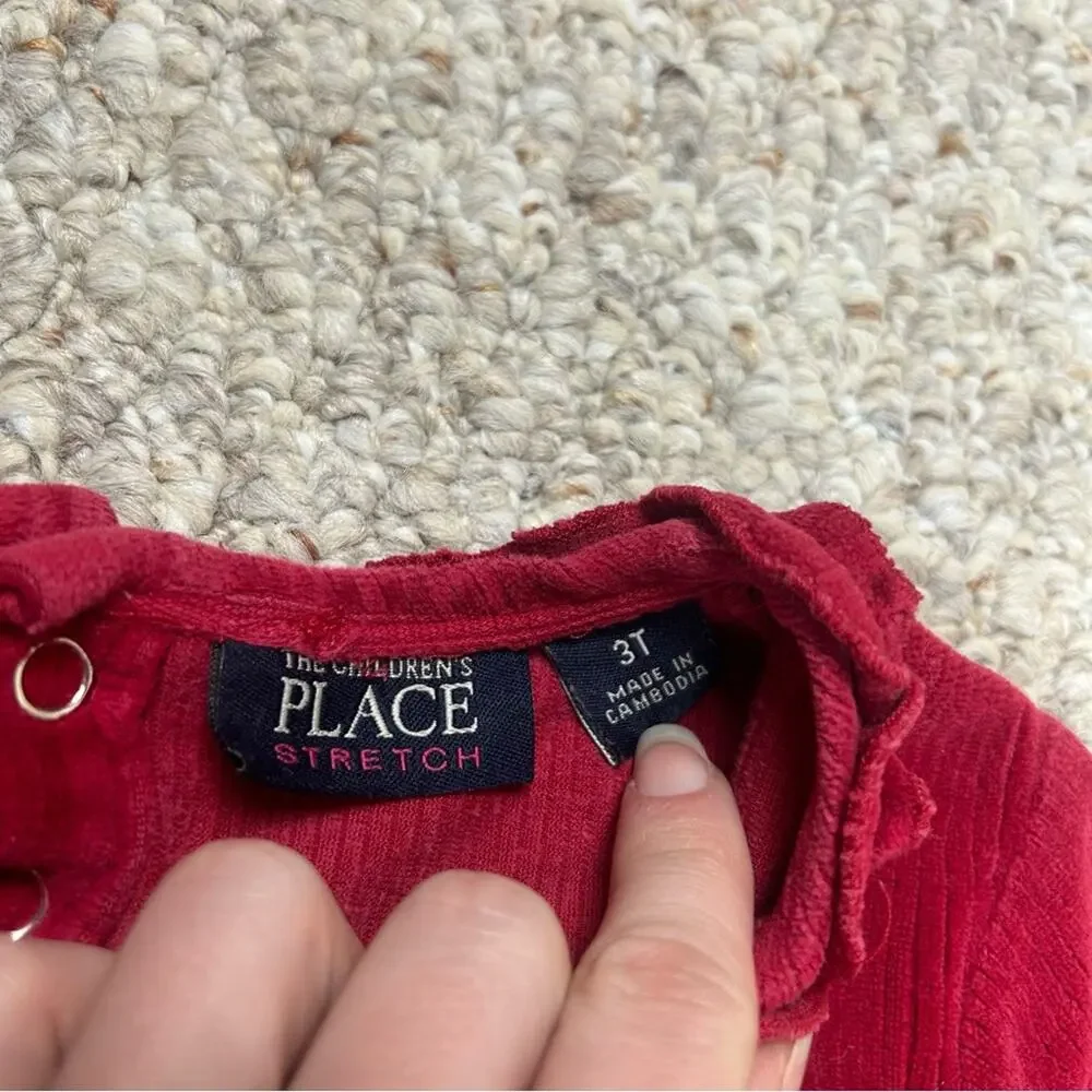 Children’s Place Red Velour Long Sleeve Girls 3T Vintage Ruffle Button Closure